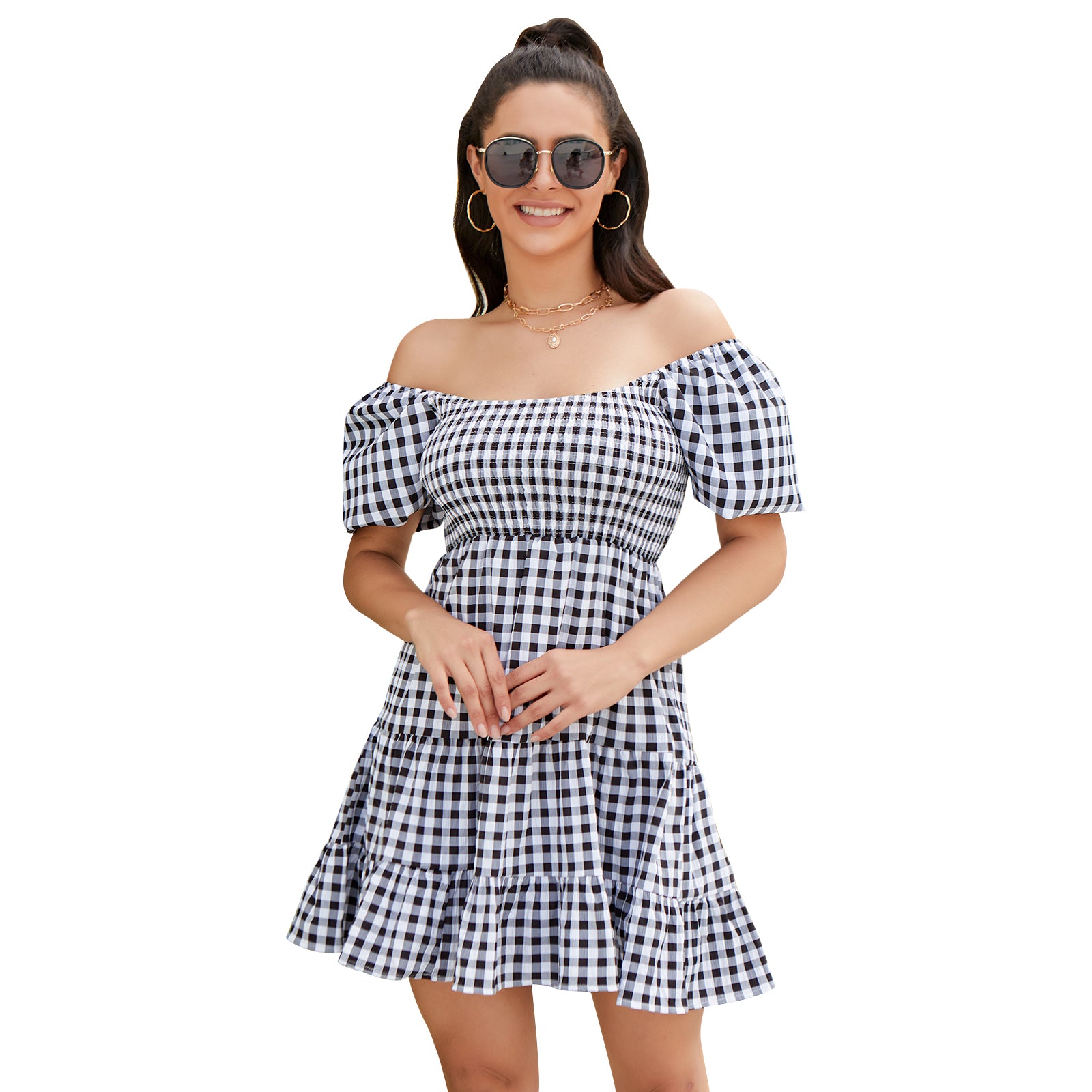 Exlura Women’s Off Shoulder Round Neck Dress Puff Short Sleeve Ruffle Plaid  Tiered Swing Mini Dress Sundress