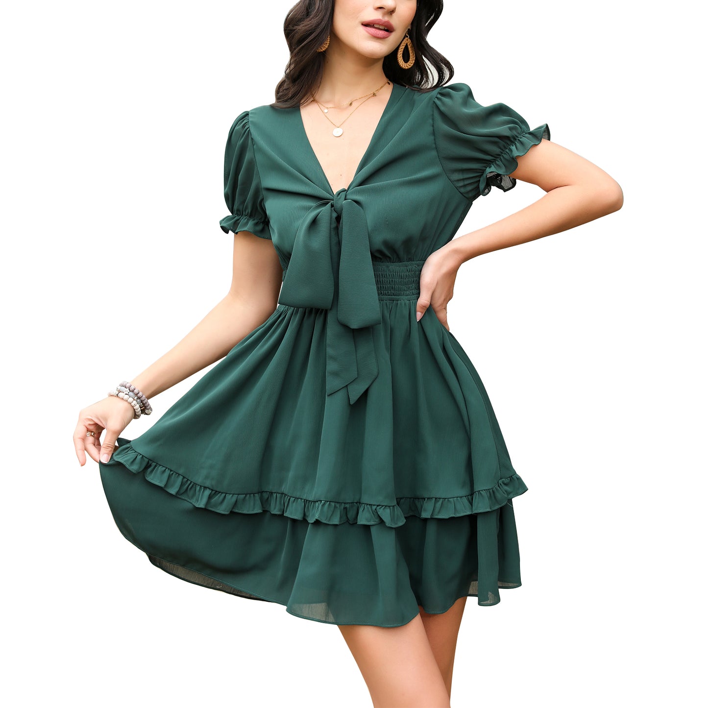 Preferhouse Women Dresses Deep V-Neck Swing Long Sleeve Lace-up Ruffle Mini  Dress for Spring Summer, Blue,M at  Women's Clothing store