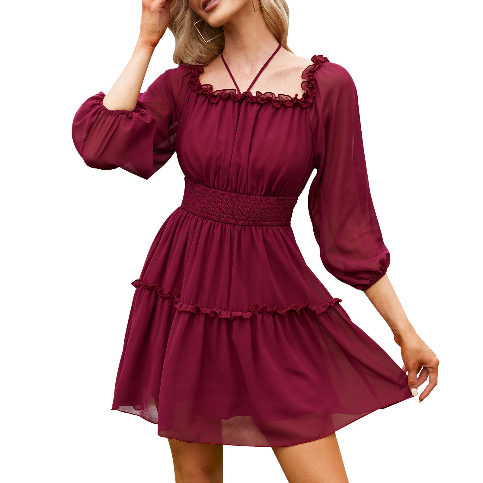Byinns Women's Boho Mini Dress Sheer Off Shoulder Long Puff Sleeve Halter  Dress Smocked Tiered Ruffle Cottagecore Dress
