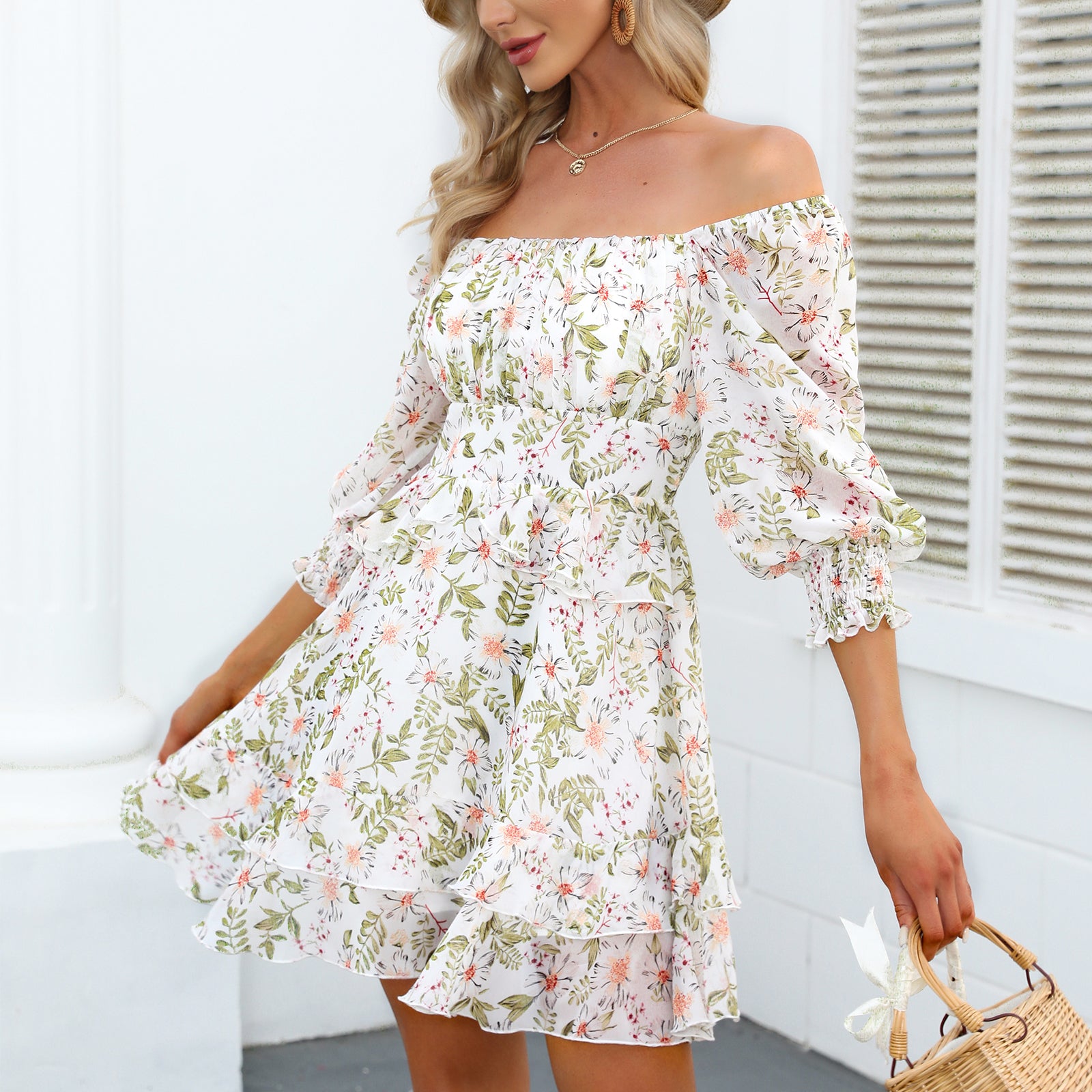 skpabo Womens Floral Ruffle Summer Dress Sundress Tiered Square Neck Long  Sleeve Off Shoulder Smocked Skater Mini Dress 