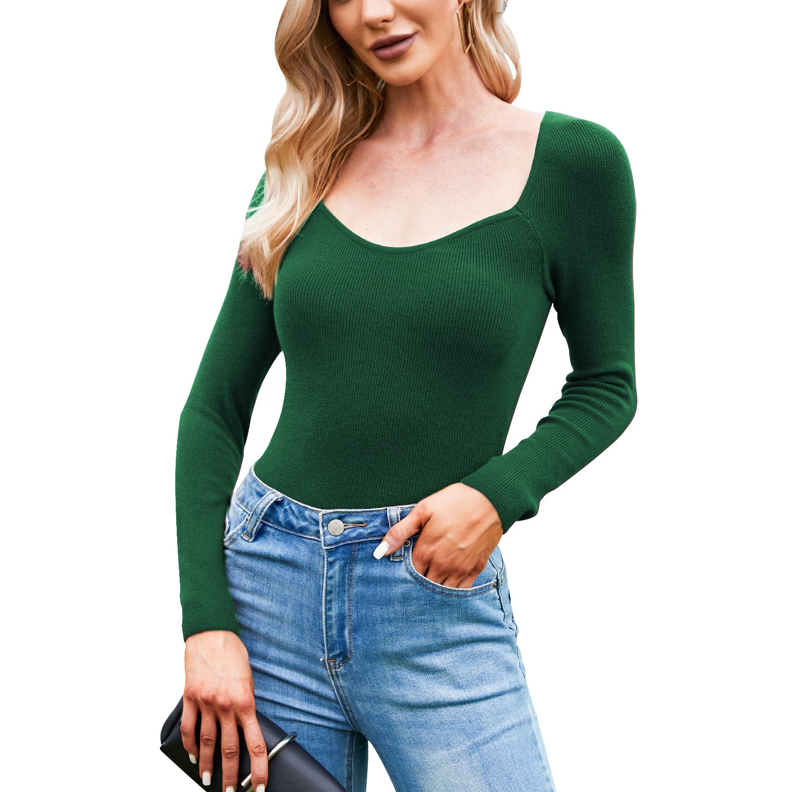 Exlura Women's Square Neck Ribbed Knitted Crop Sweater Long