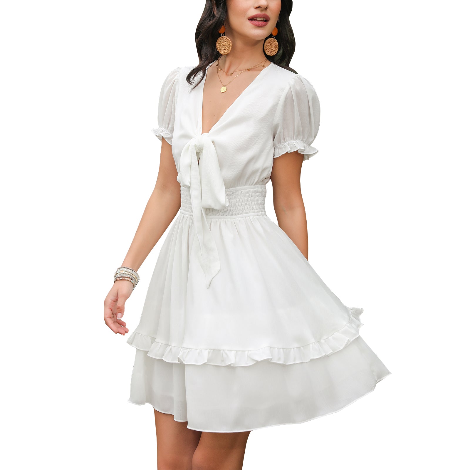 Sunisery Womens V Neck Long Sleeve Dresses Ruffle Tie Waist Flowy Swing  Mini Short Wrap Dress 