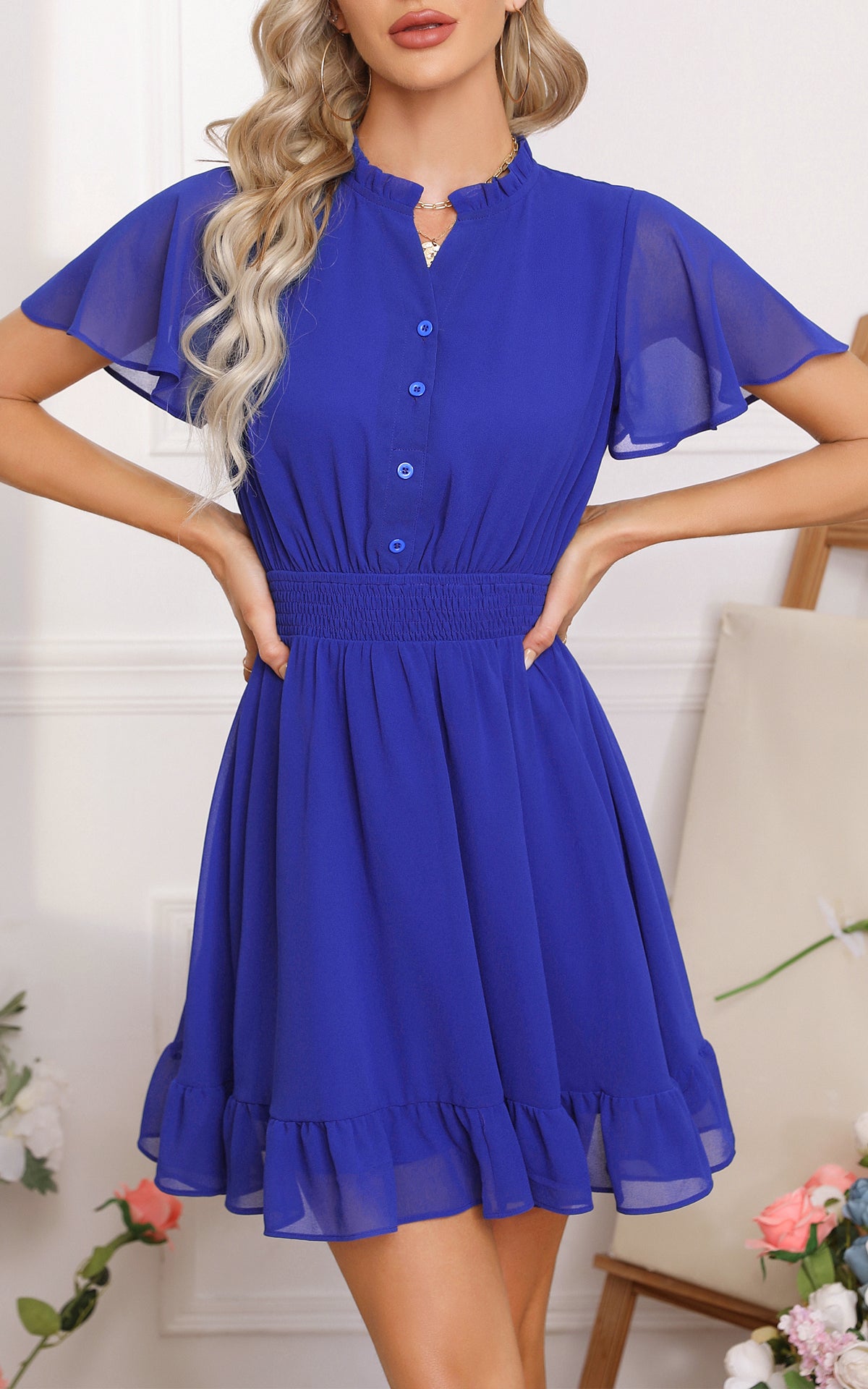 Flowy Mini Shirt Dress - V Neck Short Sleeve Button Down Ruffle