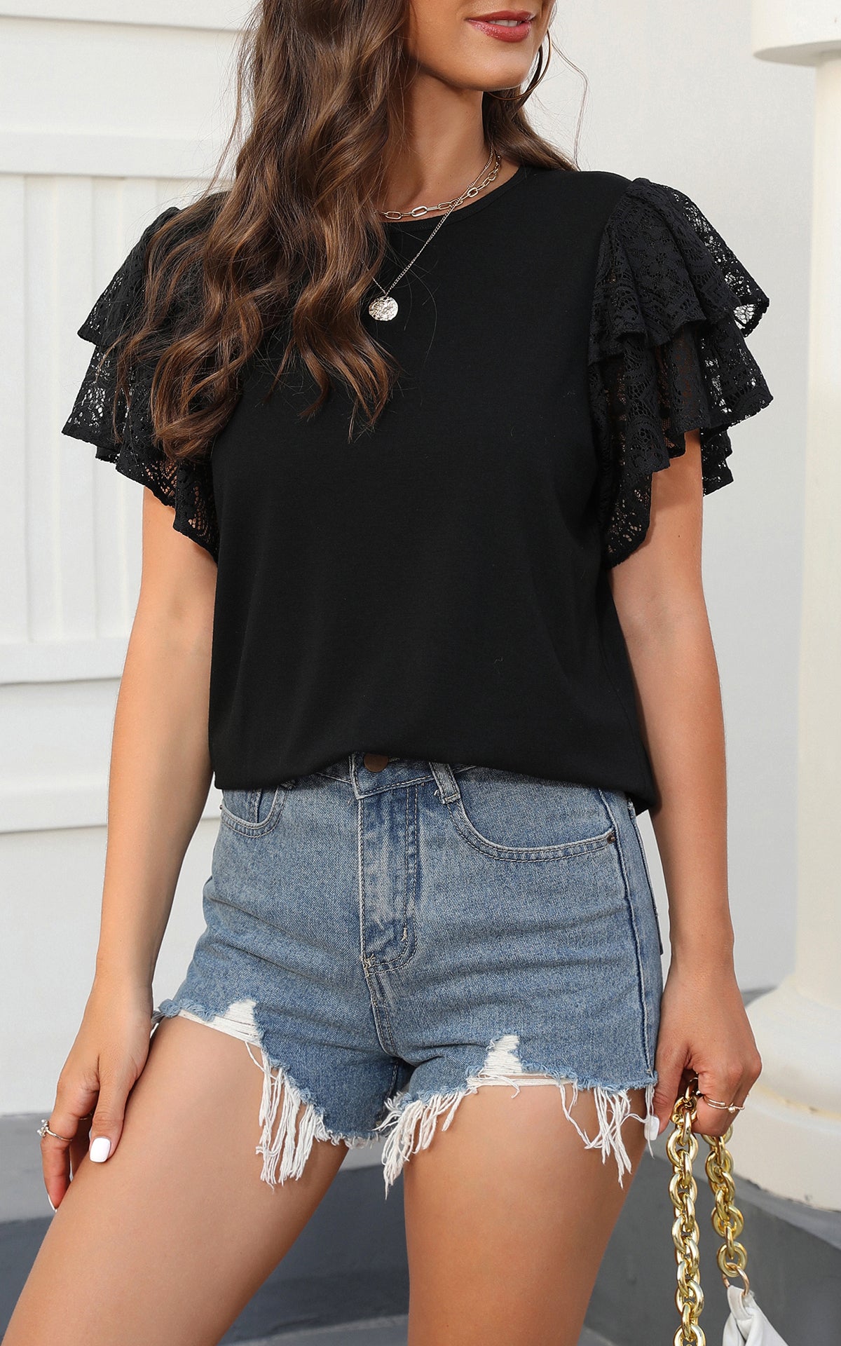 Round Neck Lace Ruffle Short Sleeve Loose Tops