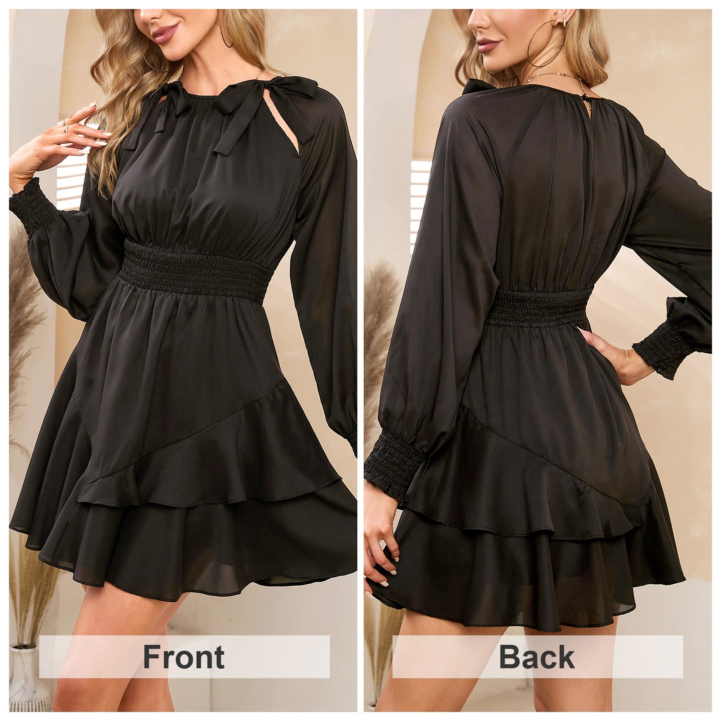 EXLURA Women’s Ruffle Mini Dress Asymmetrical   Long Puff Sleeve Round Neck Smocked Dress Flowy Cocktail Wedding Guest Dress