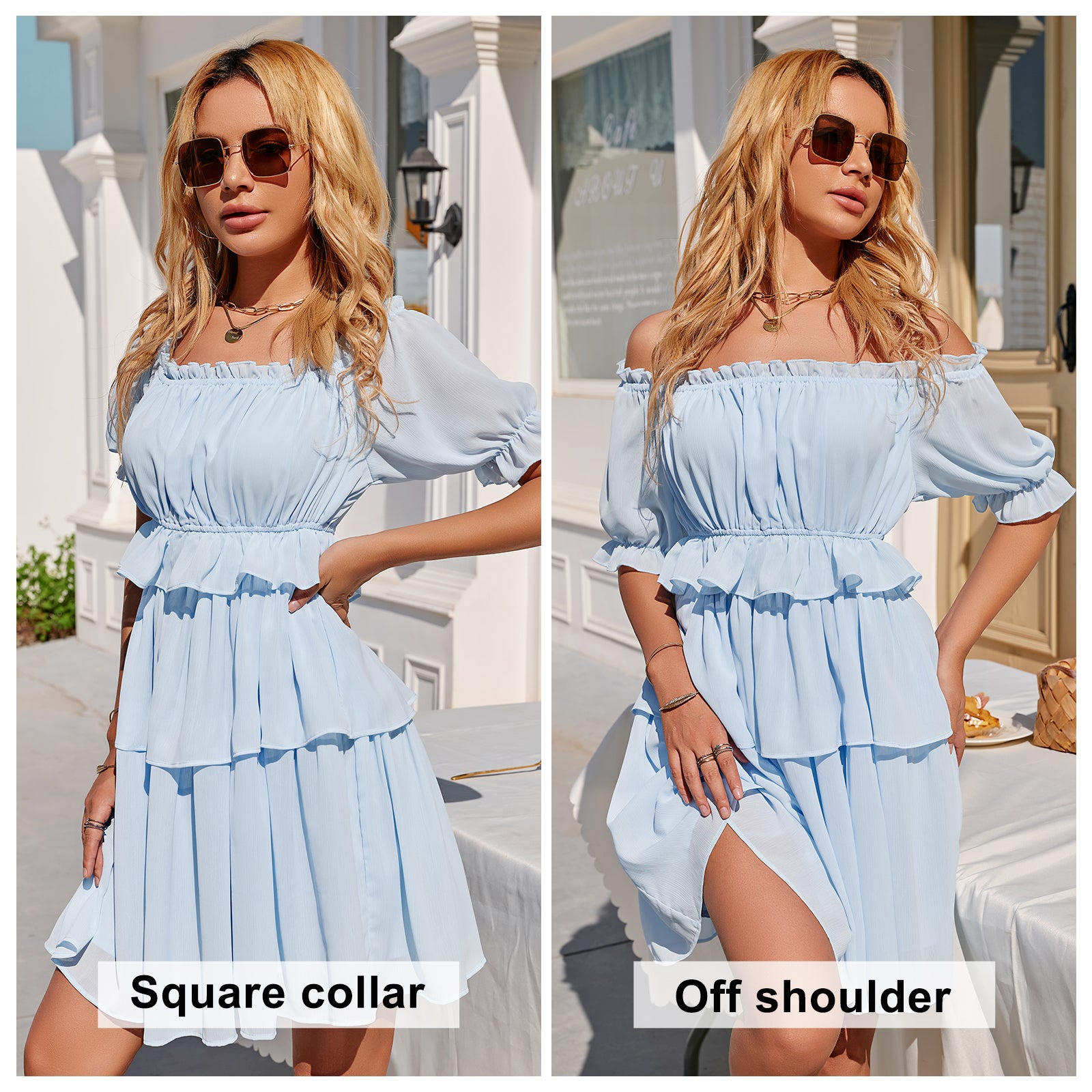 Exlura Women’s Off Shoulder Ruffle Short Dress Flowy Tiered Smocked 3/4  Puff Sleeve High Waist Casual Mini Dress