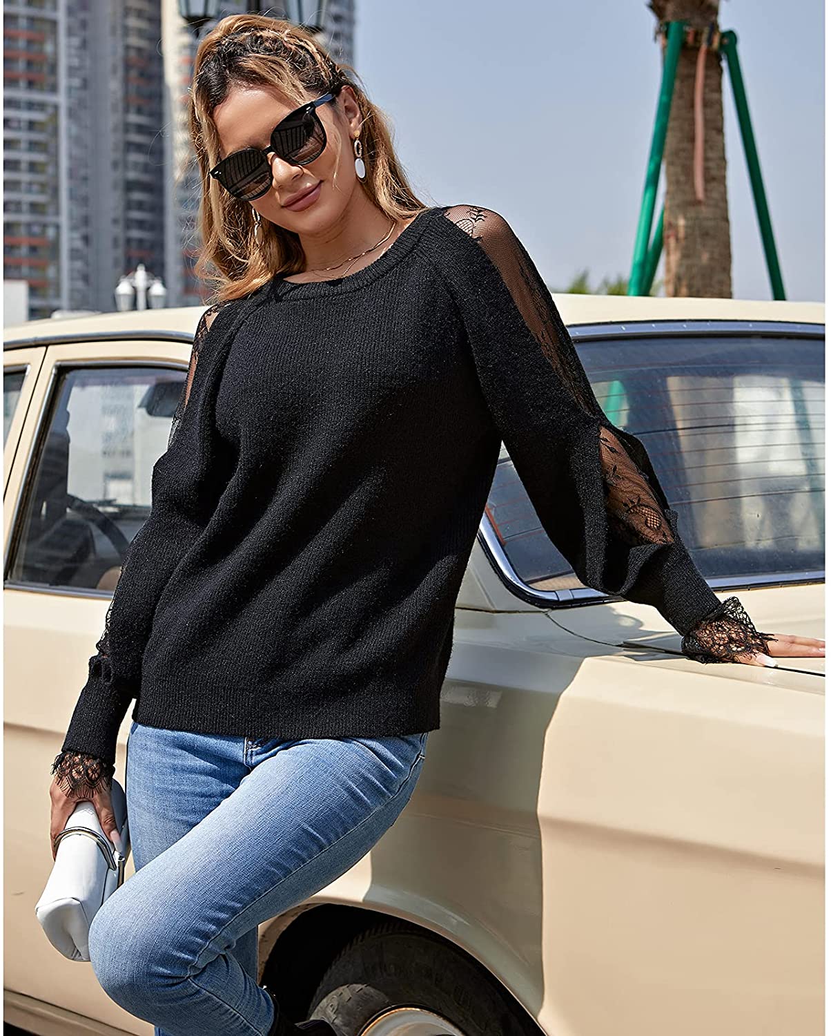 EXLURA Women's Long Sleeve Sweater Cold Shoulder Round Neck Lace Patchwork  Tops Chunky Casual Pullover Sweater