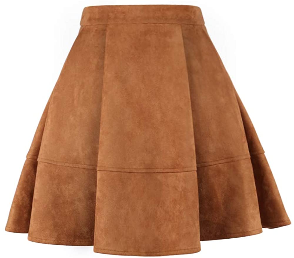 Exlura Womens Faux Suede High Waist Pleated Short Skirt Elastic Button