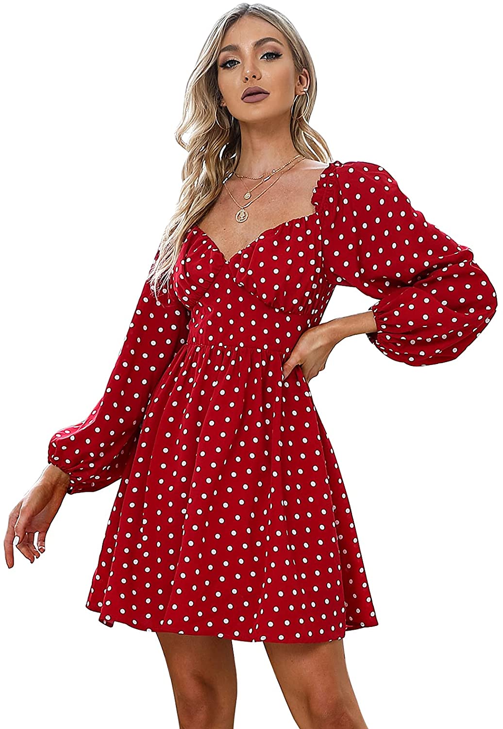 EXLURA Women's Polka Dot Off Shoulder Ruffled Chiffon Mini Dress Long  Lantern Sleeve A-line Dresses Deep V-Neck Casual Dress