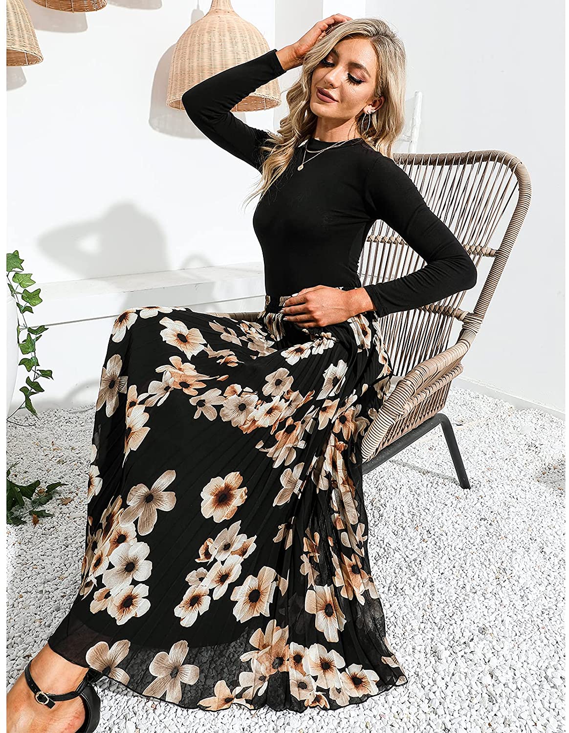 High waisted floral maxi clearance skirt black