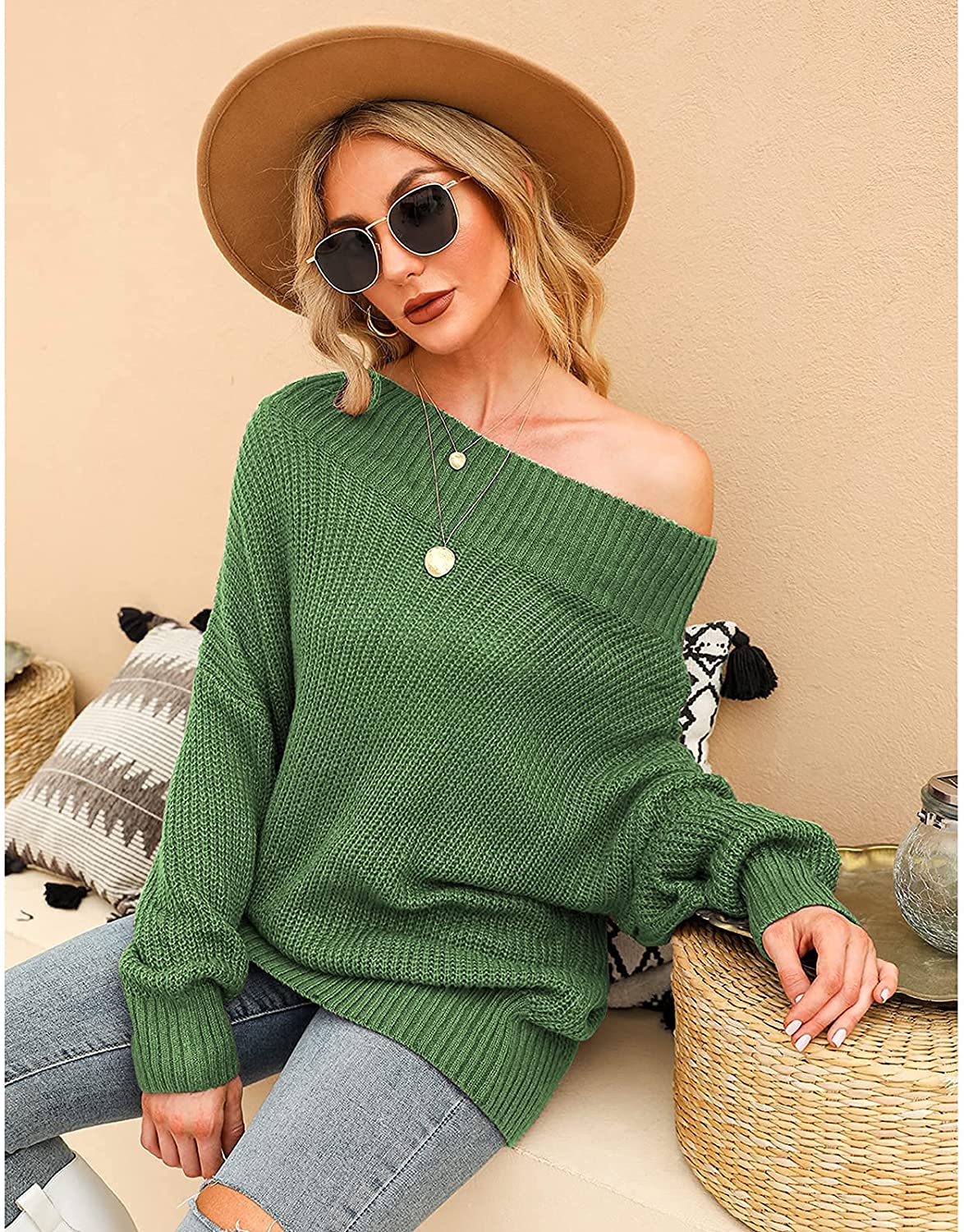 EXLURA Women's 024 New Off Shoulder Sweater Batwing Sleeve Loose Oversized  Pullover Knit Jumper