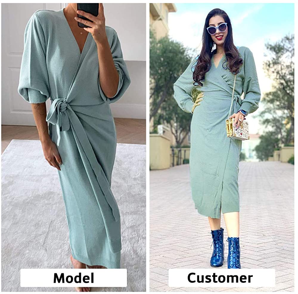 EXLURA Womens Knit Sweater Dress Casual Solid Long Sleeve Wrap Maxi Dresses  with Belt